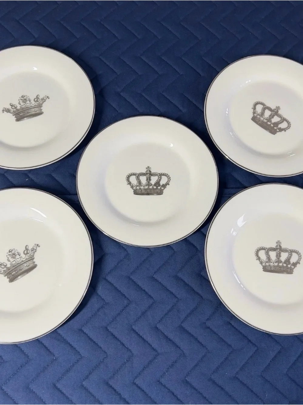 Sur La Table White Salad Plates with Silver Crown Motif - Set of 5